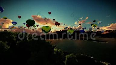 空中气球飞在湖面上，环绕着群山，美丽的日出，相机升降